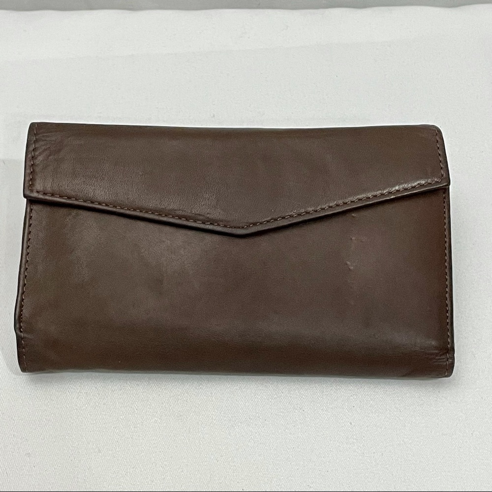 Ladies Leather Wallet Wilsons Satin Cowhide Dark Brown Tri fold checkbook Cover